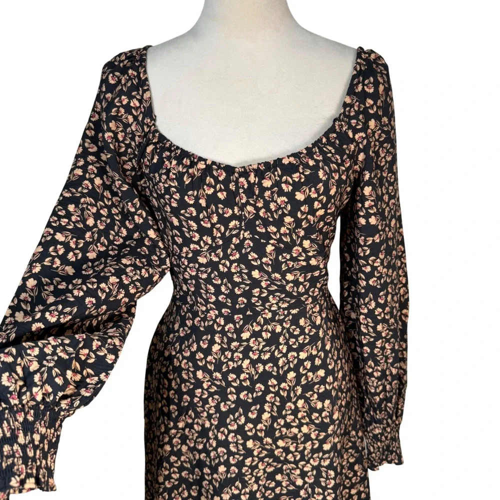 a.n.a Floral Sweetheart Midi Dress Pockets Smocked Balloon Sleeve M Boho Retro - Picture 3 of 16